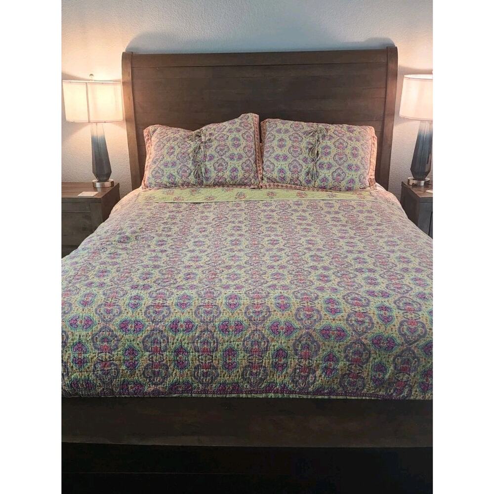 Soft Surroundings Cotton Quilt Reversible Green Purple Queen Sham Set